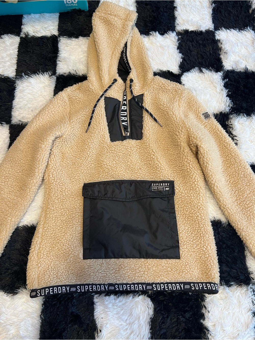Superdry Beige Sherpa Hoodie with Black Branded Pocket Trim
